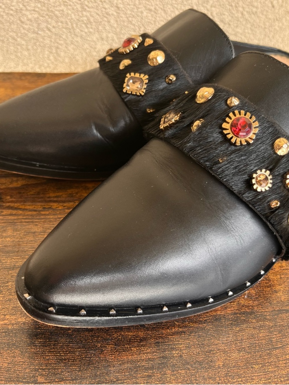 Sam Edelman Embellished Mule Clogs Black Leather Studded Rhinestone Haircalf